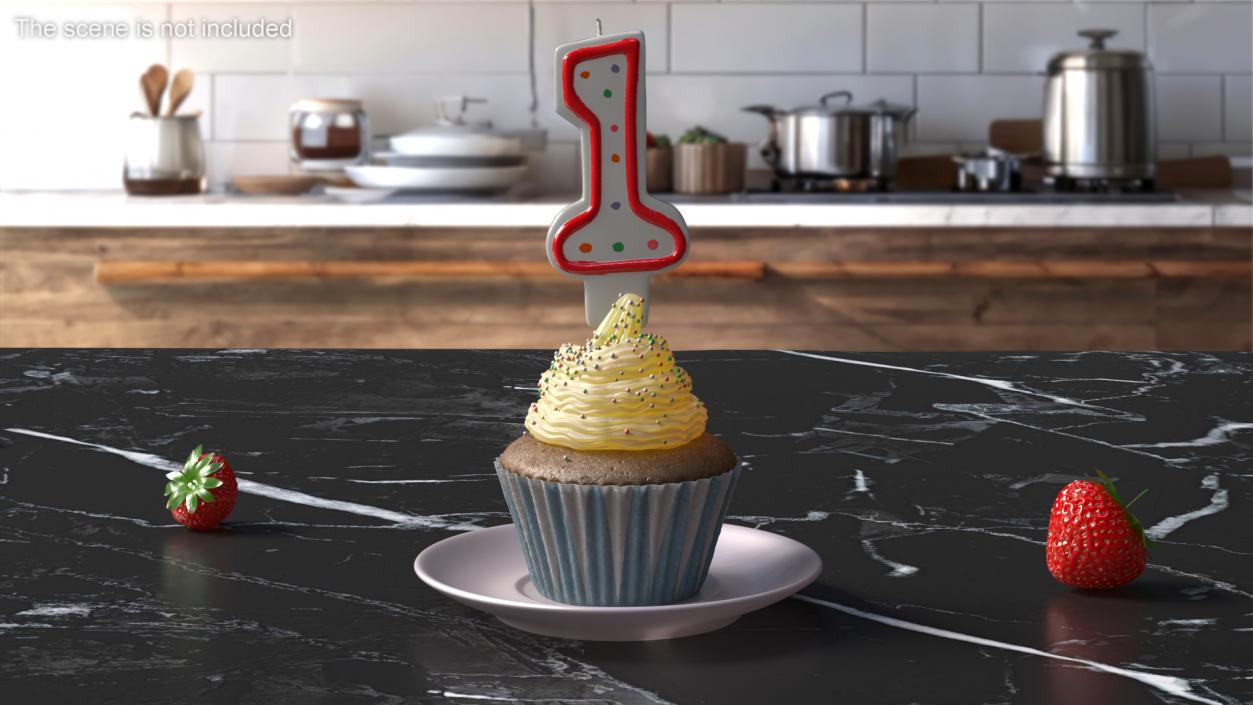 Cupcake and Number 1 Candle 3D