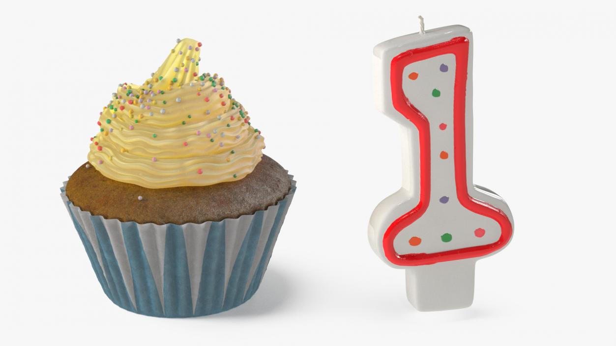 Cupcake and Number 1 Candle 3D