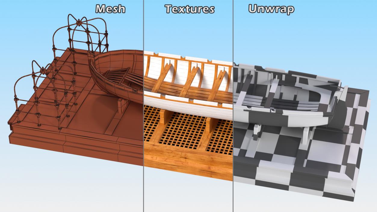 3D Old Wooden Boat on Deck model