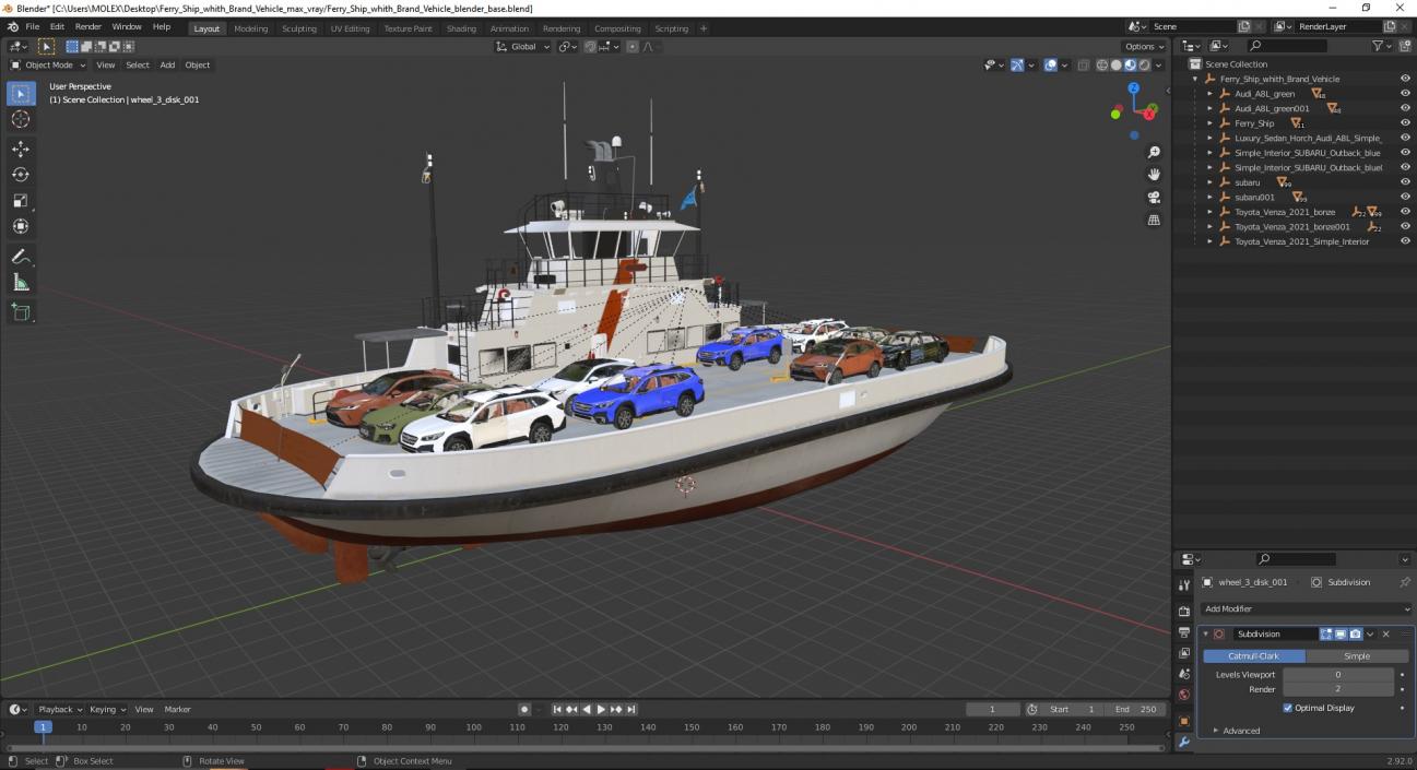 3D model Ferry Ship with Brand Vehicles