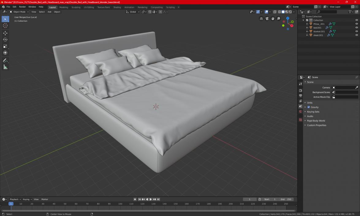 3D model Double Bed with Headboard