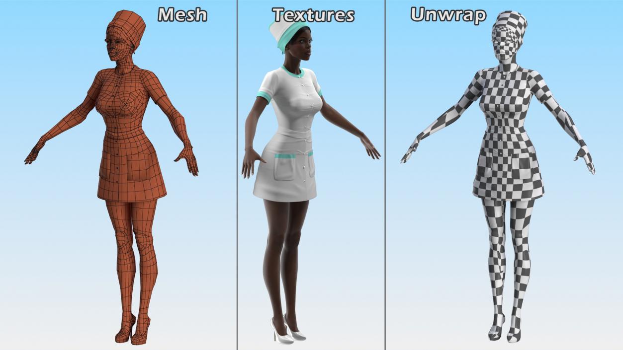 3D Dark Skinned Black Nurse Rigged