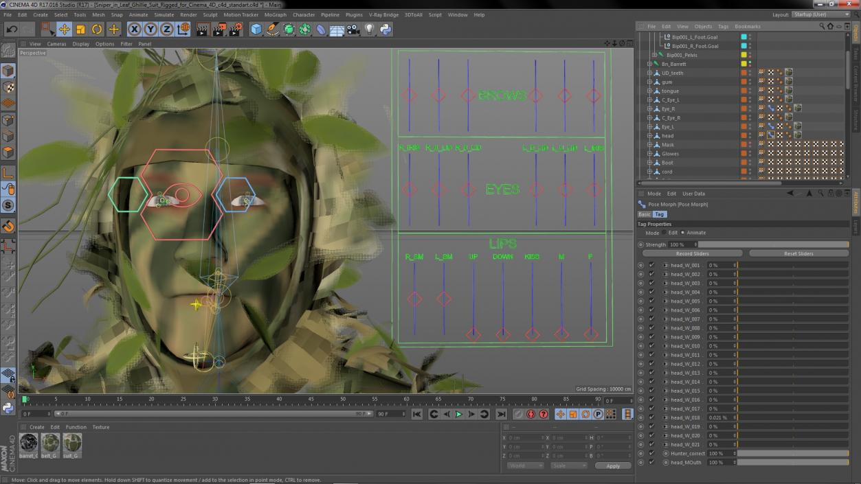 3D Sniper in Leaf Ghillie Suit Rigged for Cinema 4D model