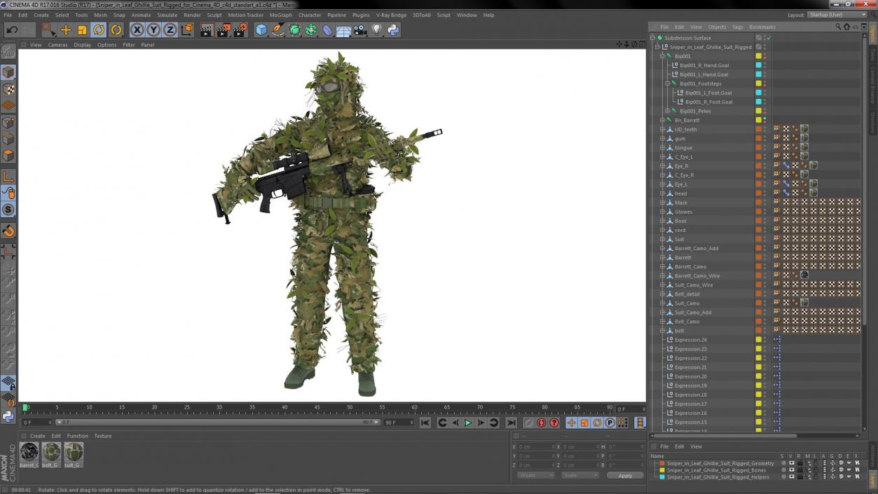 3D Sniper in Leaf Ghillie Suit Rigged for Cinema 4D model