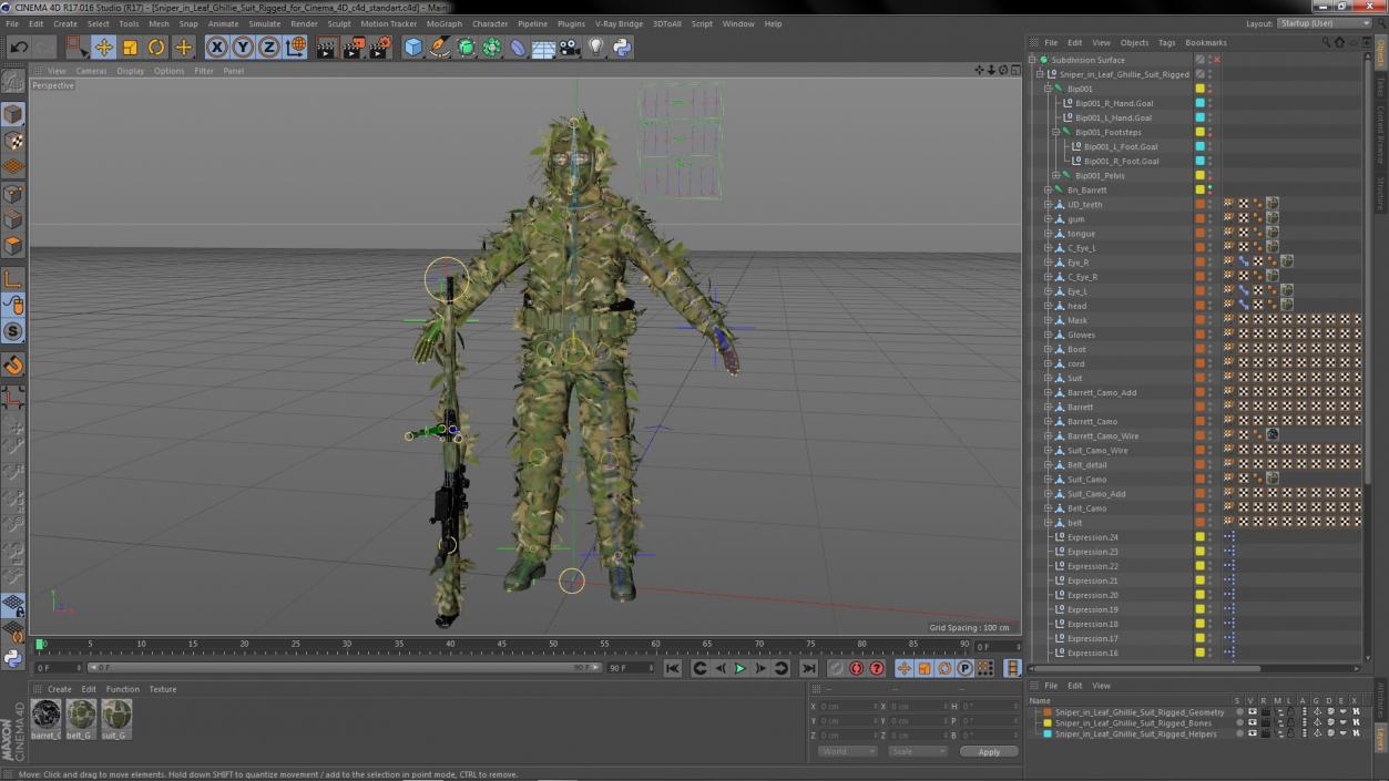 3D Sniper in Leaf Ghillie Suit Rigged for Cinema 4D model