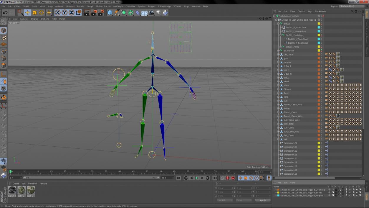 3D Sniper in Leaf Ghillie Suit Rigged for Cinema 4D model