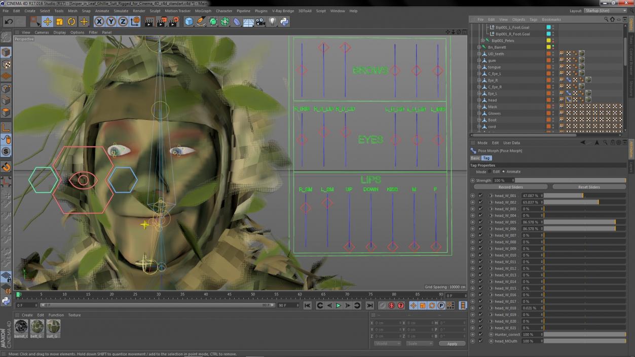 3D Sniper in Leaf Ghillie Suit Rigged for Cinema 4D model