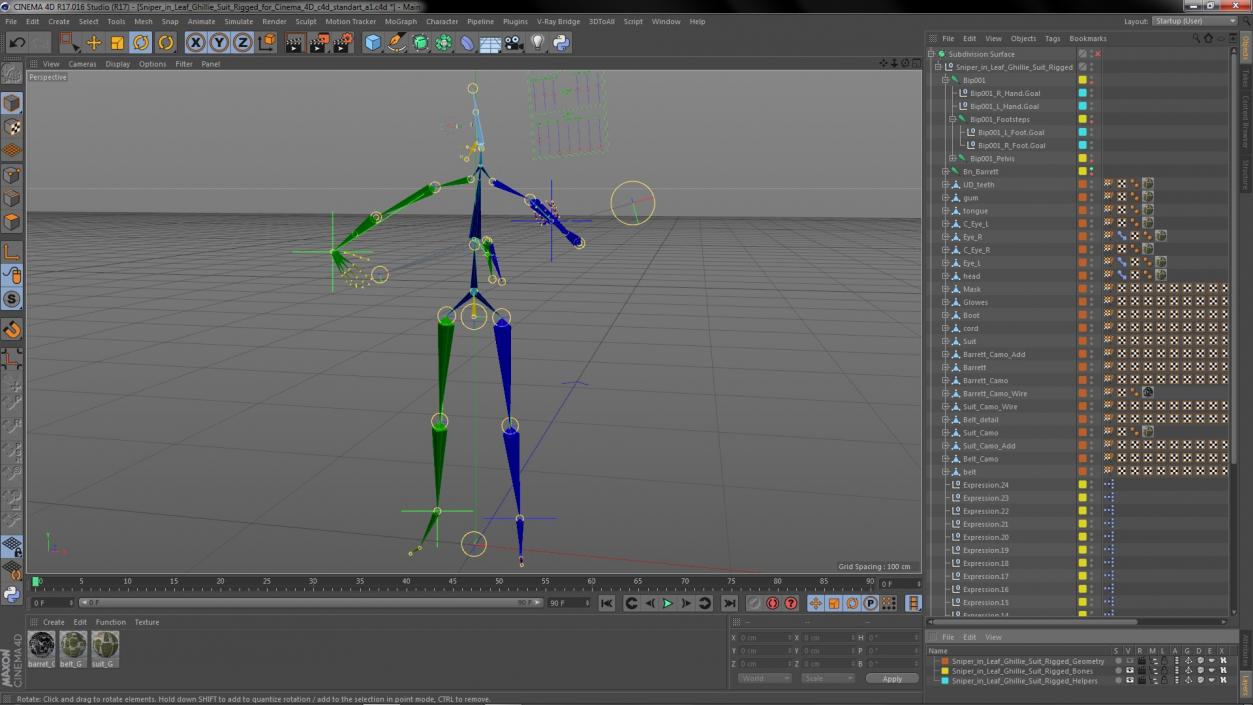 3D Sniper in Leaf Ghillie Suit Rigged for Cinema 4D model