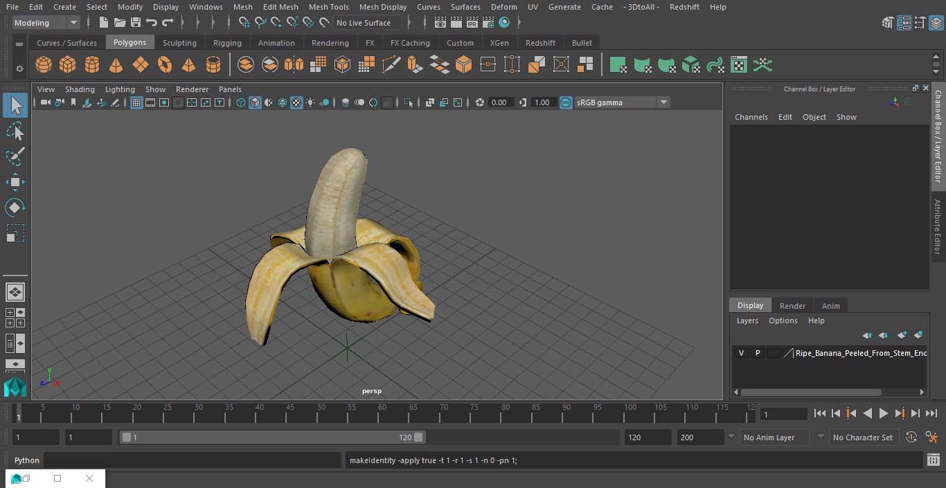 Ripe Banana Peeled From Stem End 3D