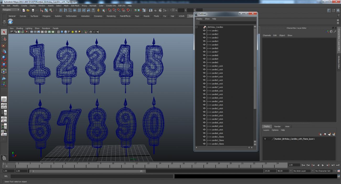 Number Birthday Candles with Flame 3D model