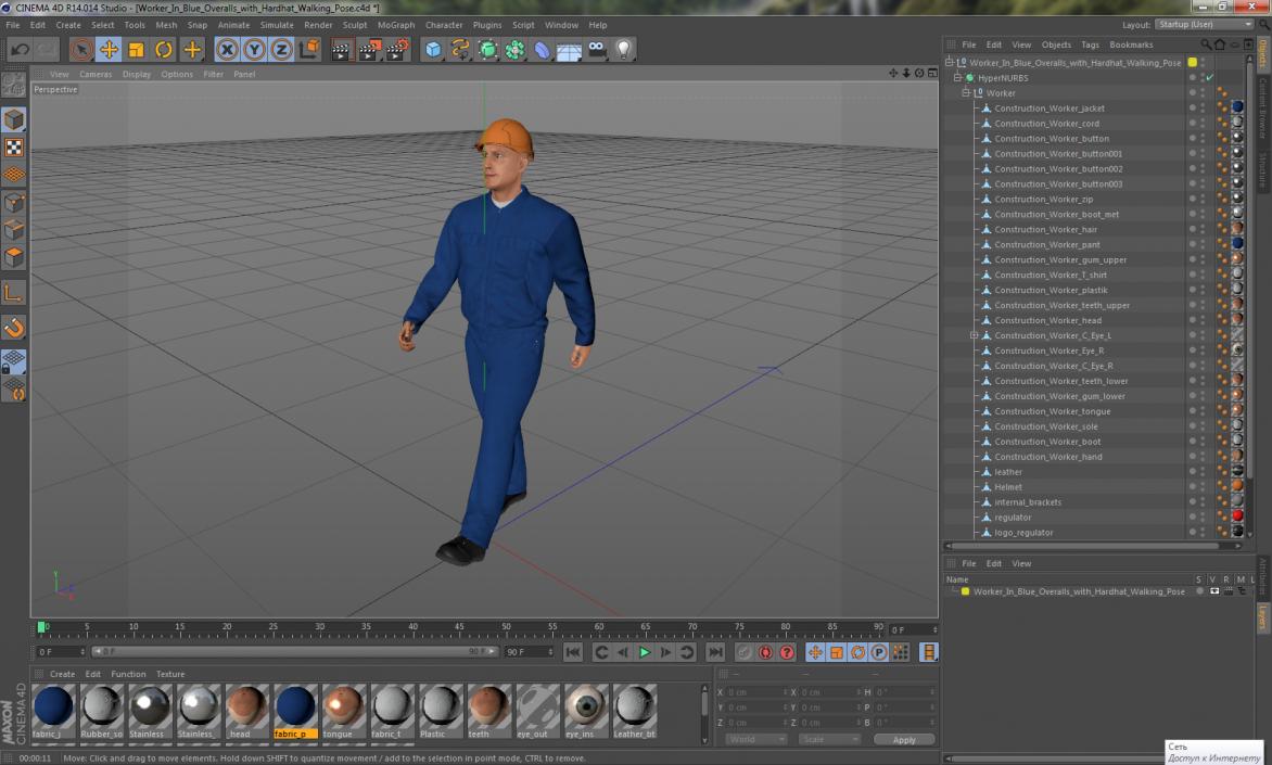 Worker In Blue Overalls with Hardhat Walking Pose 3D model