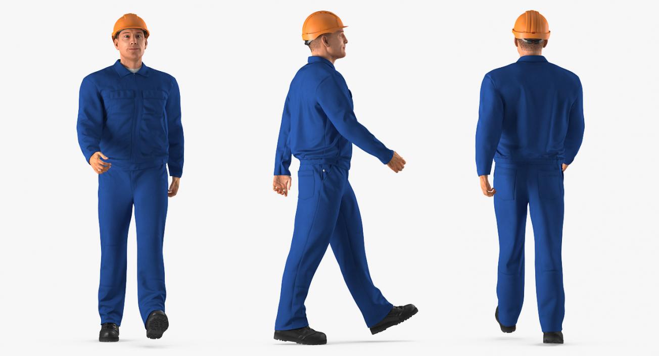 Worker In Blue Overalls with Hardhat Walking Pose 3D model