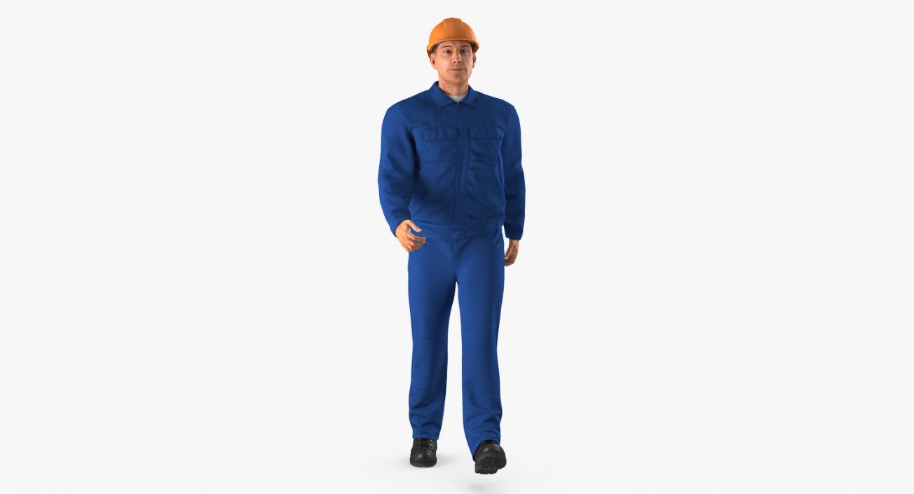 Worker In Blue Overalls with Hardhat Walking Pose 3D model