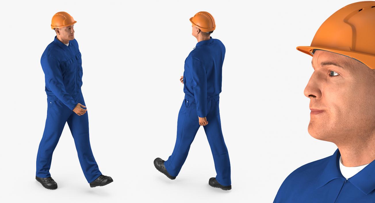 Worker In Blue Overalls with Hardhat Walking Pose 3D model