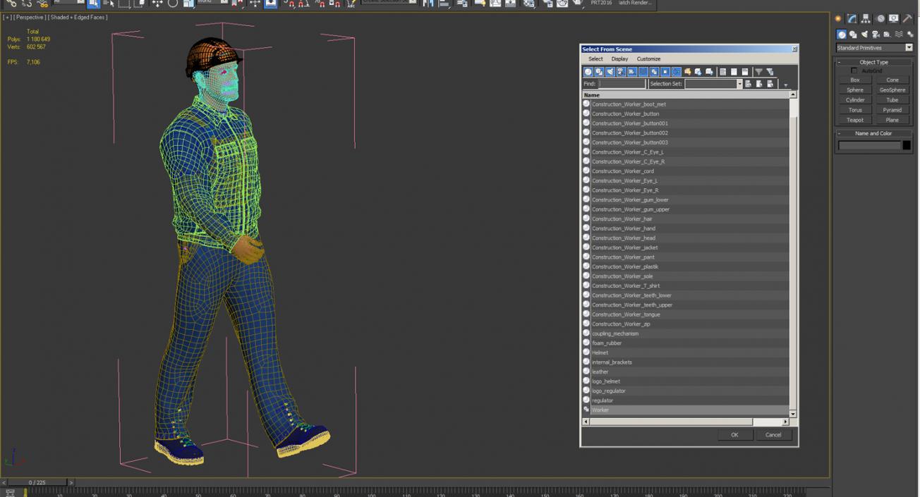 Worker In Blue Overalls with Hardhat Walking Pose 3D model