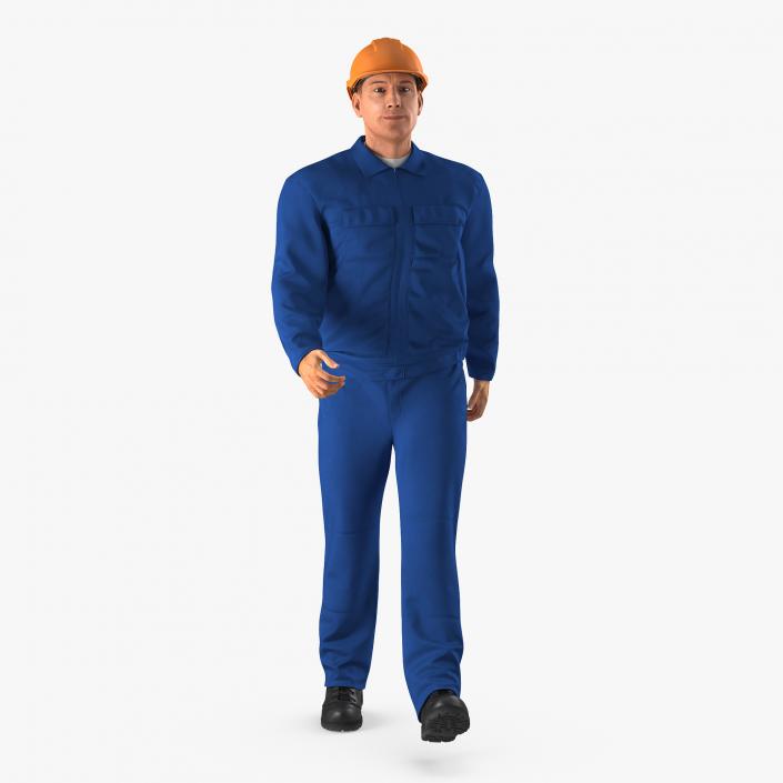 Worker In Blue Overalls with Hardhat Walking Pose 3D model