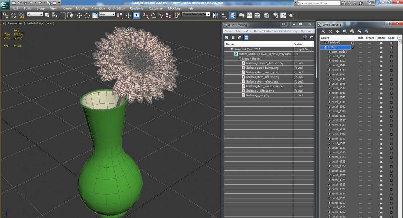 Yellow Gerbera Flower In Vase 3D model