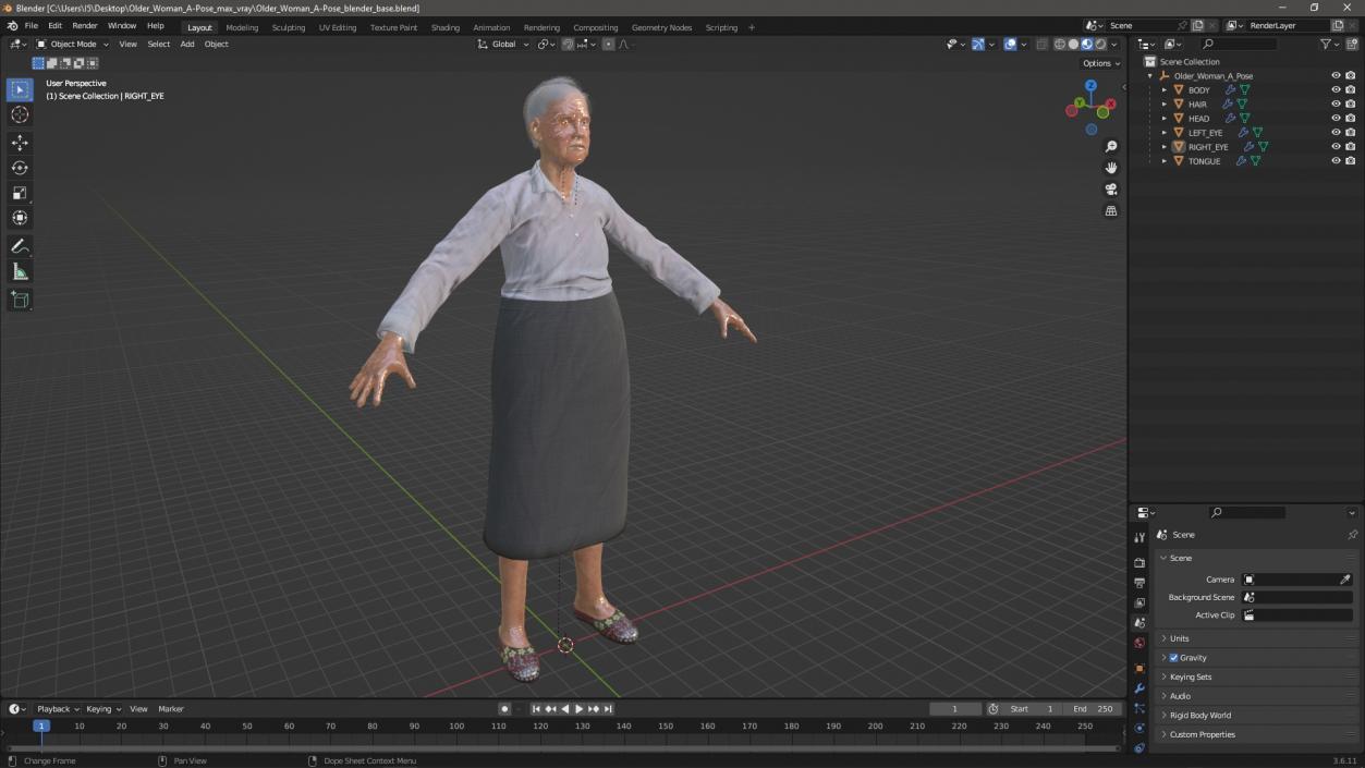 3D Older Woman A-Pose model