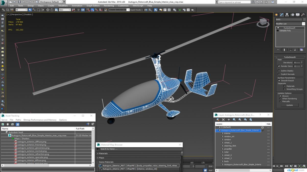 3D model Autogyro Rotorcraft Blue Simple Interior