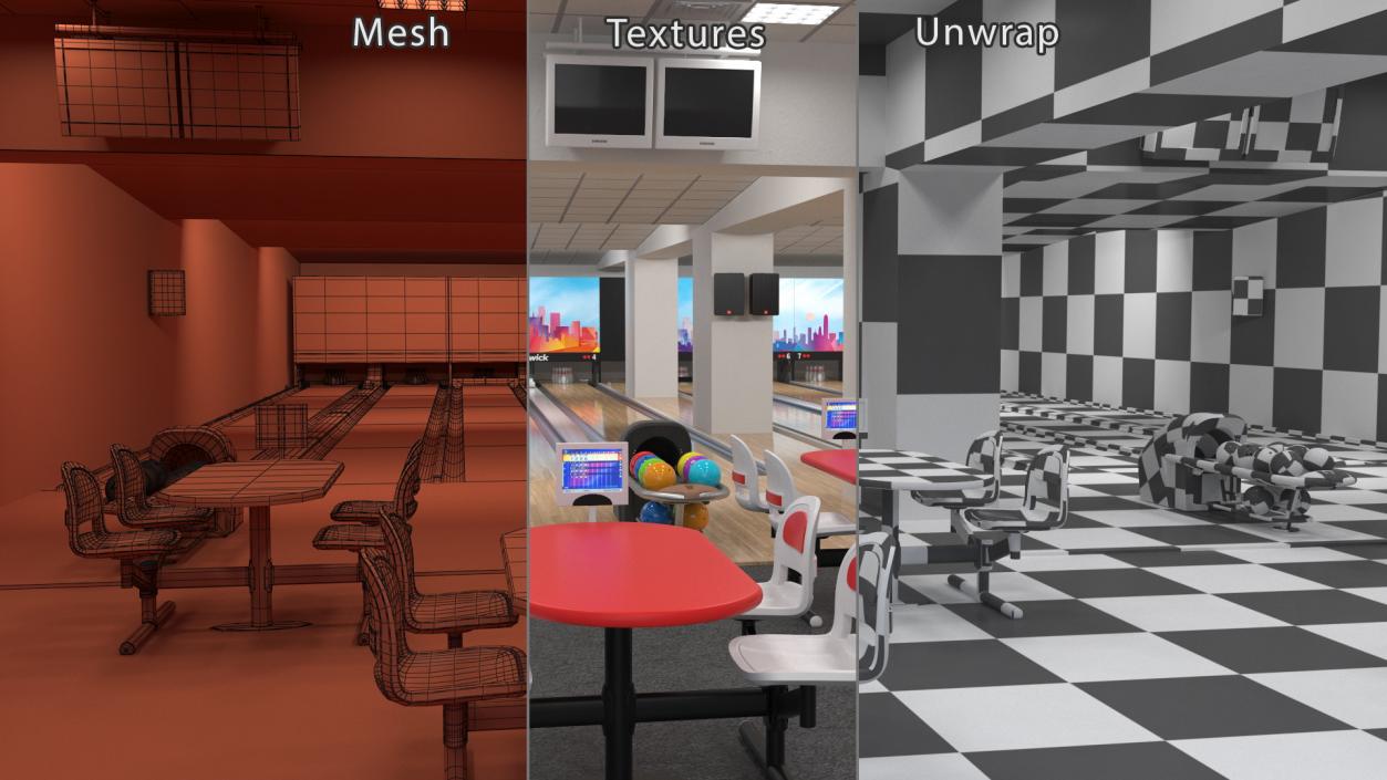 3D Interior of Bowling Center with Furniture