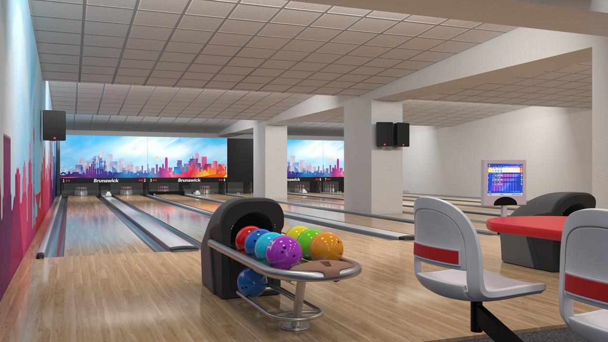 3D Interior of Bowling Center with Furniture