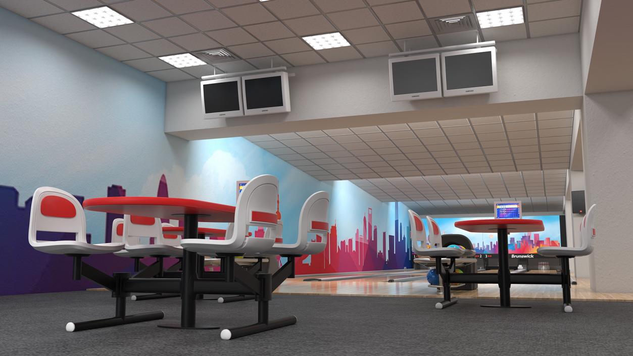 3D Interior of Bowling Center with Furniture