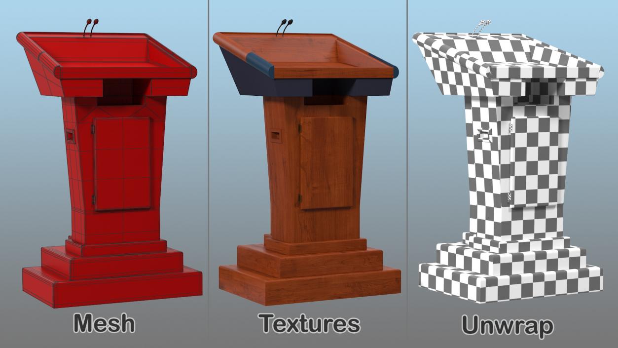 Wooden Speech Podium with Microphones 3D