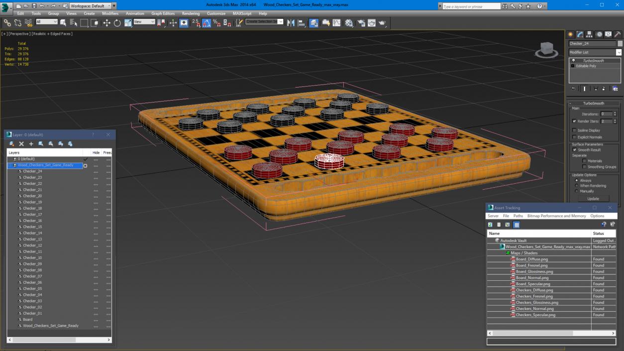 3D Wood Checkers Set Game Ready model