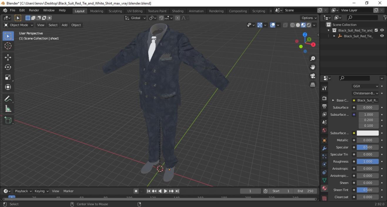 Black Suit Red Tie and White Shirt 3D model