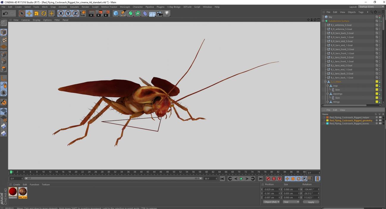 3D Red Flying Cockroach Rigged for Cinema 4D