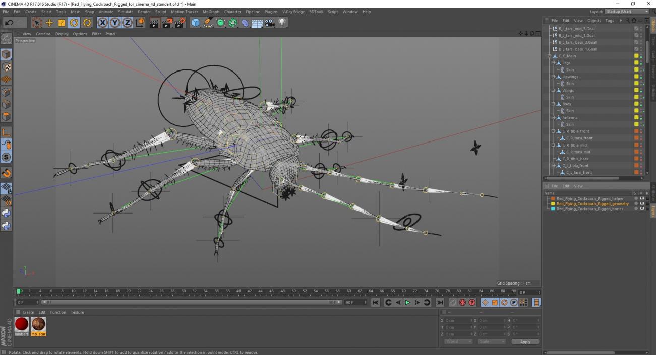 3D Red Flying Cockroach Rigged for Cinema 4D