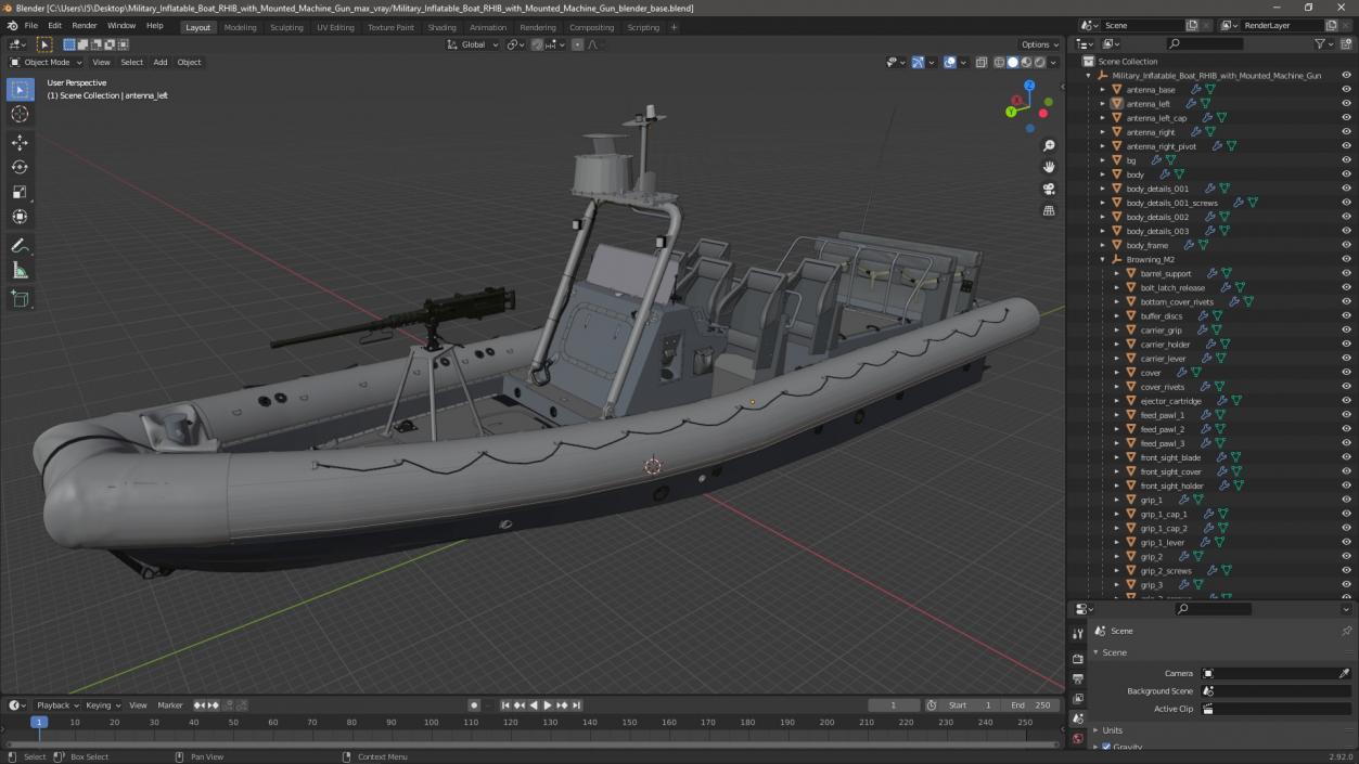 Military Inflatable Boat RHIB with Mounted Machine Gun 3D model