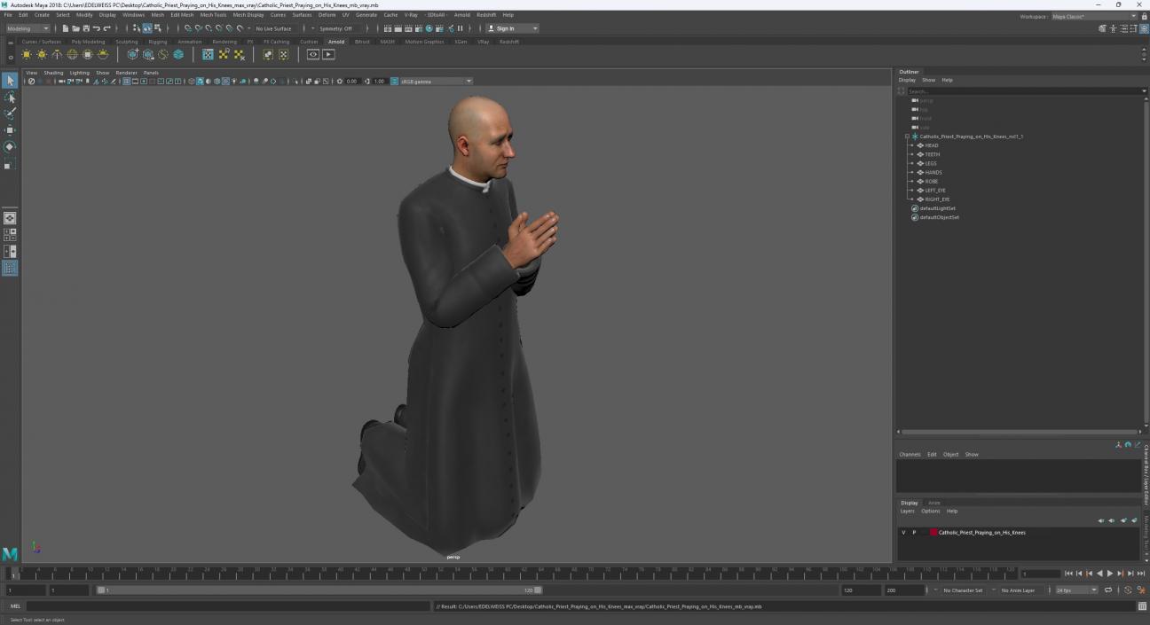 3D Catholic Priest Praying on His Knees