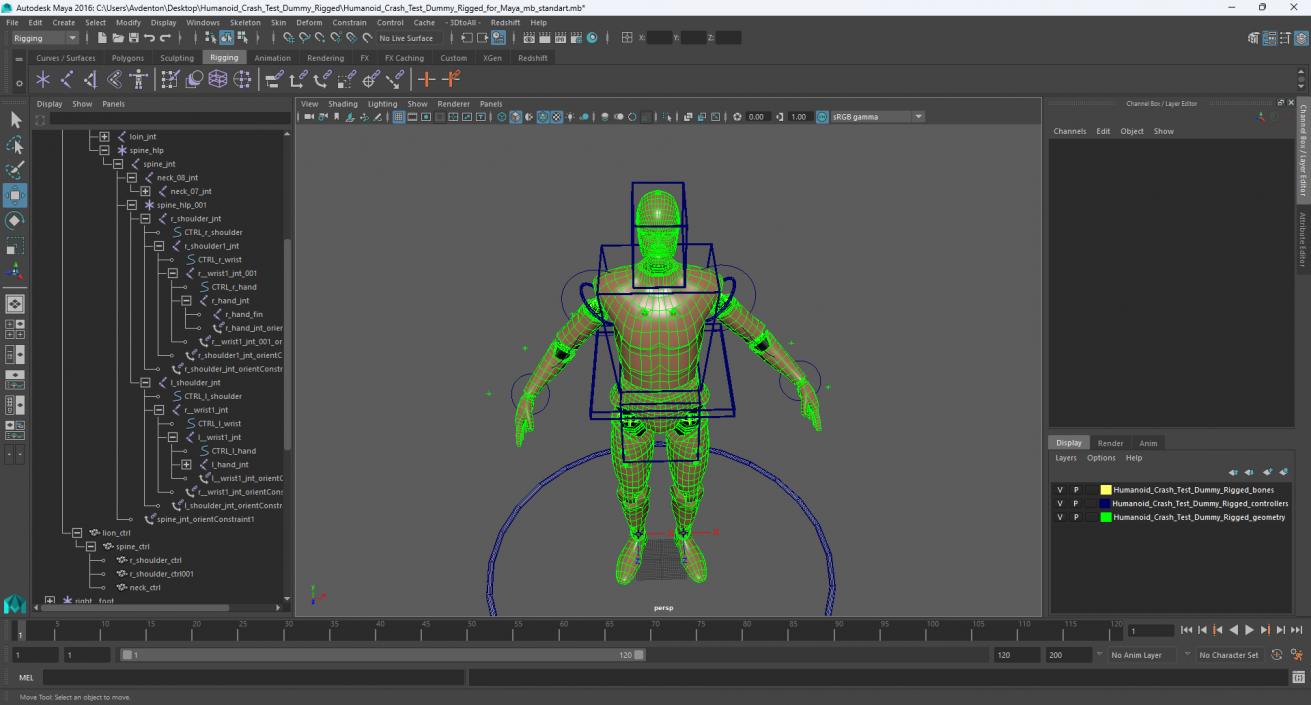 3D Humanoid Crash Test Dummy Rigged for Maya