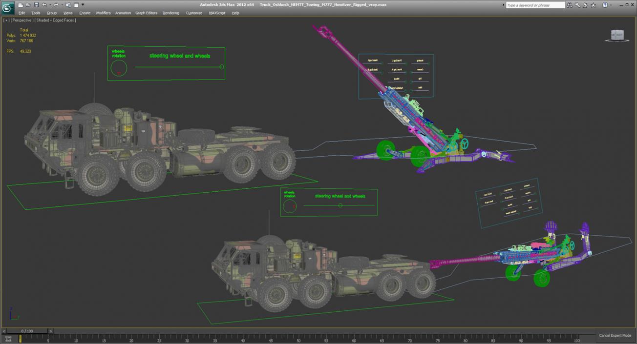 Truck Oshkosh HEMTT Towing M777 Howitzer Rigged 3D