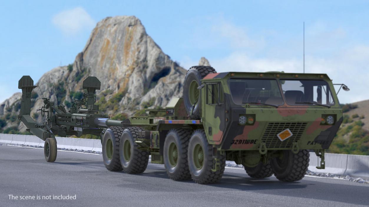 Truck Oshkosh HEMTT Towing M777 Howitzer Rigged 3D