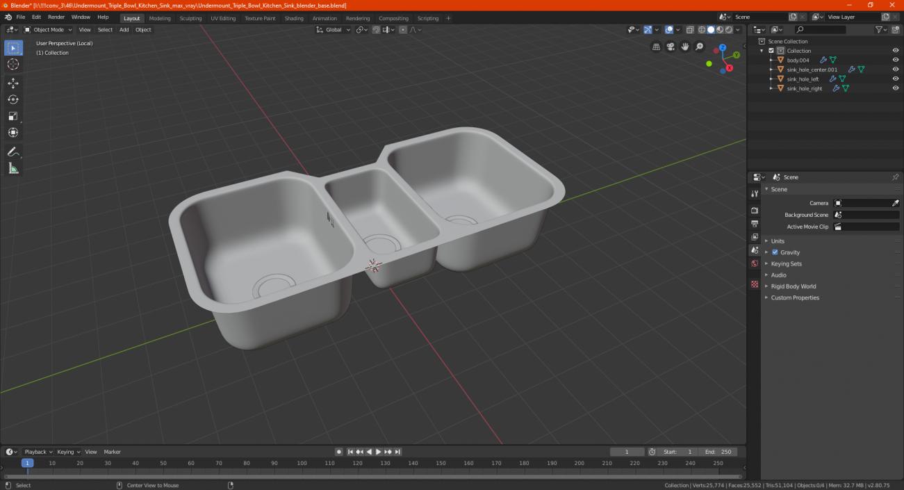 3D model Undermount Triple Bowl Kitchen Sink