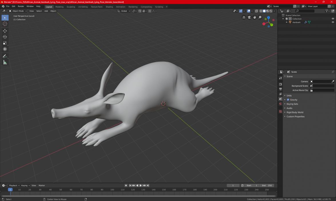 African Animal Aardvark Lying Pose 3D model