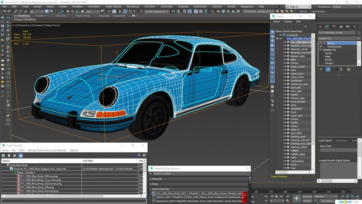 3D Porsche 911 1968 Blue Rigged model