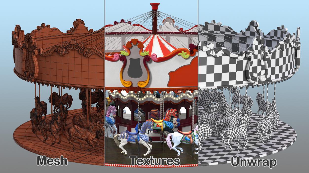 Park Carousel with Horses Rigged 3D