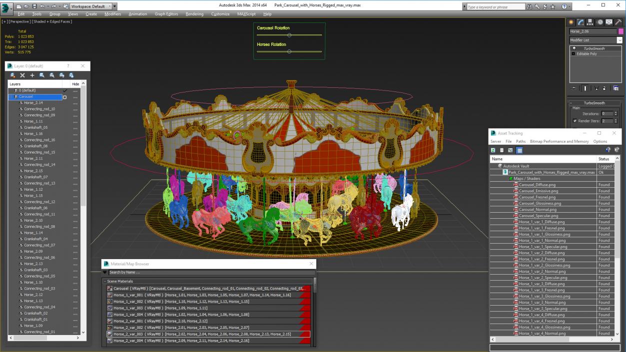 Park Carousel with Horses Rigged 3D