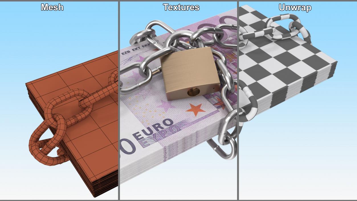 Bundle of Euro Bills in Chain 3D model