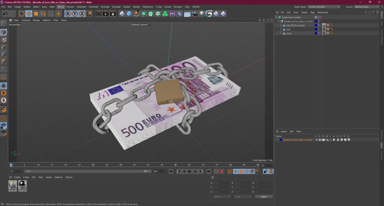 Bundle of Euro Bills in Chain 3D model