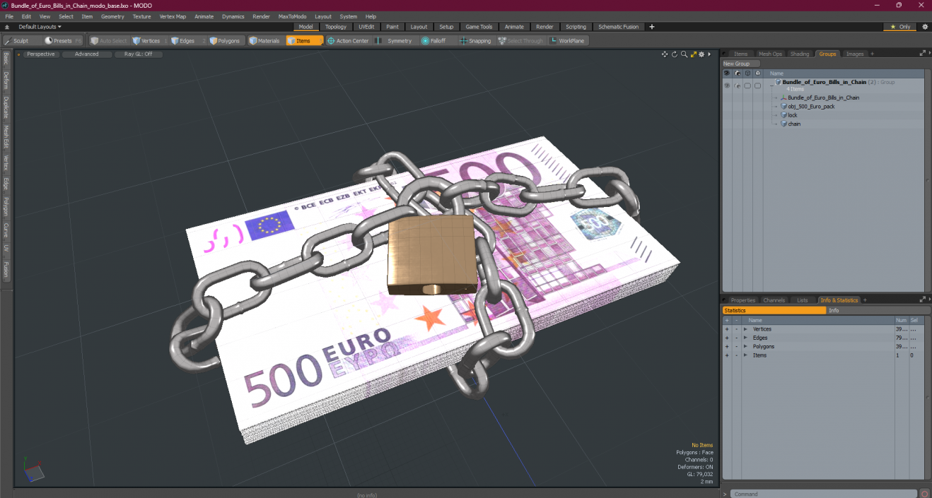 Bundle of Euro Bills in Chain 3D model