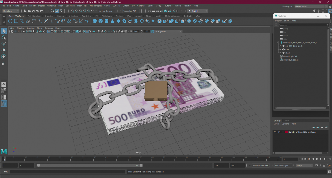 Bundle of Euro Bills in Chain 3D model