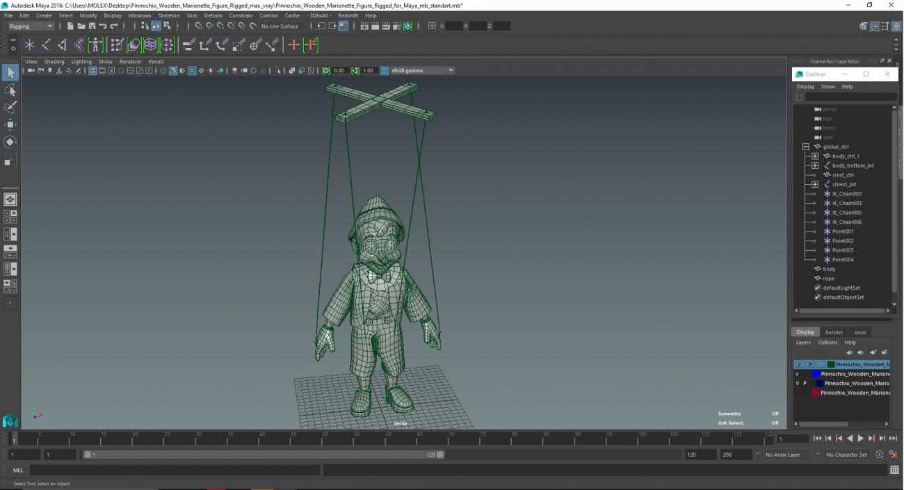 3D model Pinocchio Wooden Marionette Figure Rigged for Maya