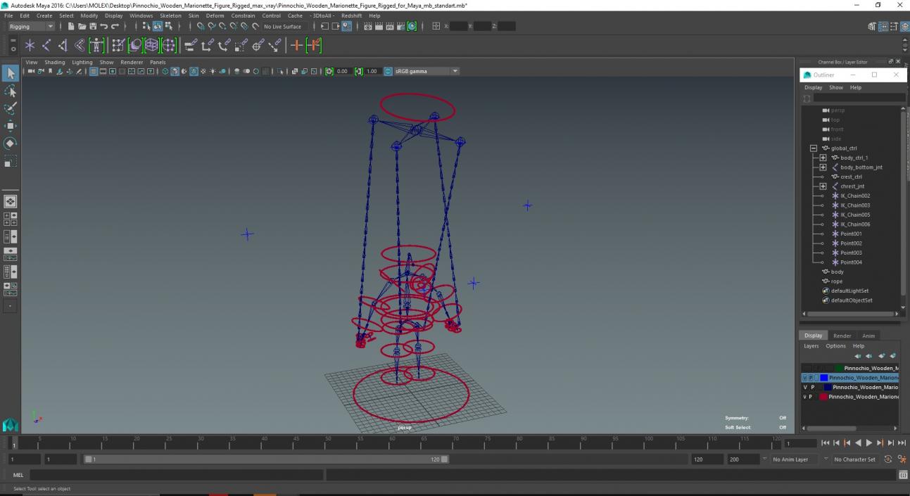 3D model Pinocchio Wooden Marionette Figure Rigged for Maya