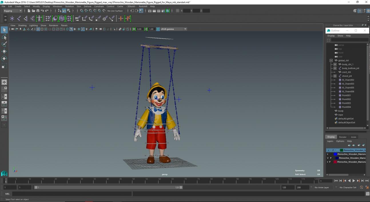 3D model Pinocchio Wooden Marionette Figure Rigged for Maya