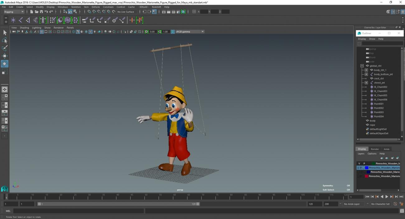 3D model Pinocchio Wooden Marionette Figure Rigged for Maya