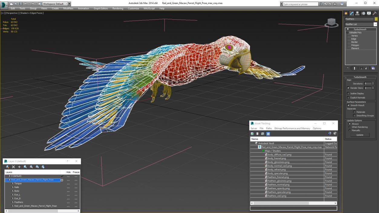 3D Red and Green Macaw Parrot Flight Pose model